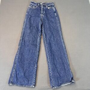 Pacsun Baggy Jeans Womens Sz 24 Indigo Solid Ripped 31L 5 Pkt Design Button Fron